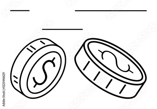 Two tilted coins with dollar signs, drawn in bold black lines. Ideal for finances, investment, money management, economics, currency, commerce saving. Abstract line flat metaphor