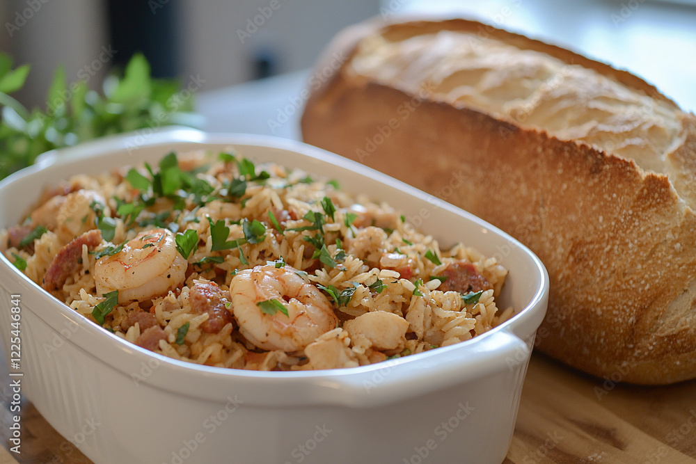 A delicious seafood rice dish garnished with fresh herbs, served alongside a crusty loaf of bread A delicious seafood rice dish garnished with fresh herbs, served alongside a crusty loaf of bread