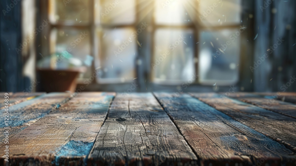 Aged wooden table with blurry window for product showcase Aged wooden table with blurry window for product showcase