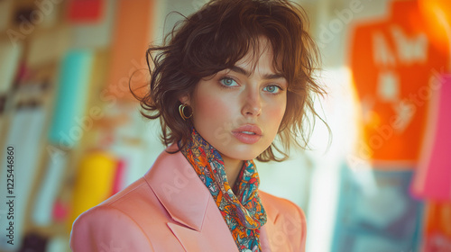 A stylish female fashion designer with short, wavy hair, wearing a pastel pink blazer and a patterned scarf, standing against a blurred background featuring colorful fabric rolls and design sketches