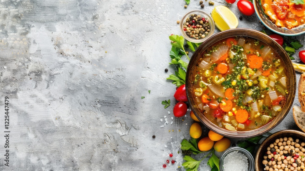 Assorted ingredients soup dish served in a bowl on gray background