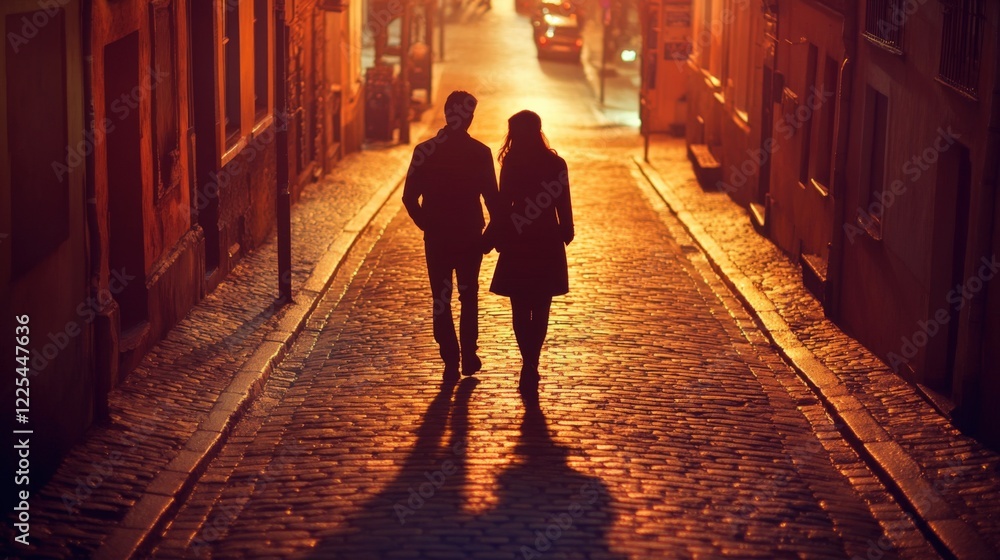 Couple Walking Hand-in-Hand at Sunset on Cobblestone Street Couple Walking Hand-in-Hand at Sunset on Cobblestone Street