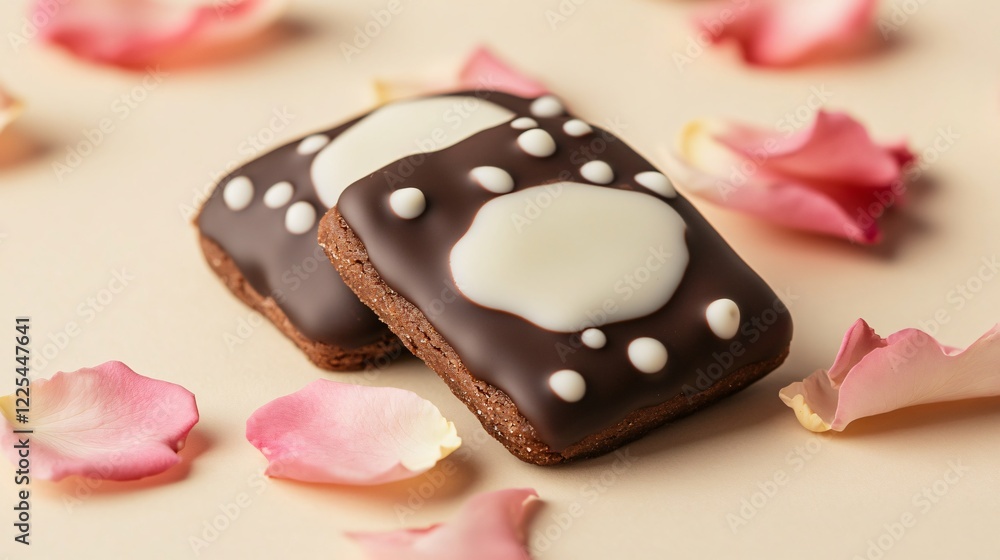Domino-shaped cookies dipped in dark chocolate and decorated with white icing dots, styled with edible rose petals, isolated on beige background Domino-shaped cookies dipped in dark chocolate and decorated with white icing dots, styled with edible rose petals, isolated on beige background