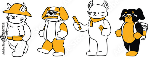 A collection of playful cartoon animal illustrations showcasing pets in adventure uniforms, featuring dogs and cats dressed as explorers, hikers, and travelers.