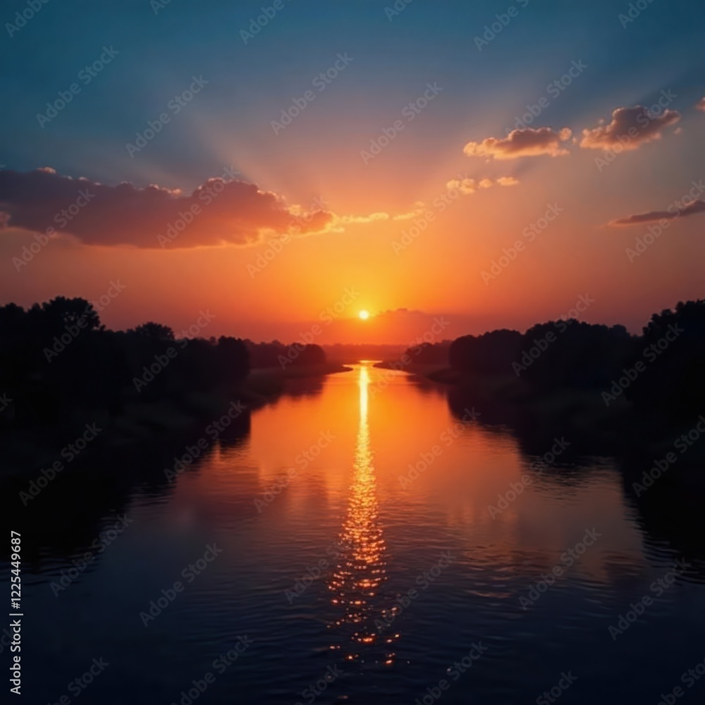 Warm light spreads across river water as sunset fades, serene, landscape, twilight Warm light spreads across river water as sunset fades, serene, landscape, twilight
