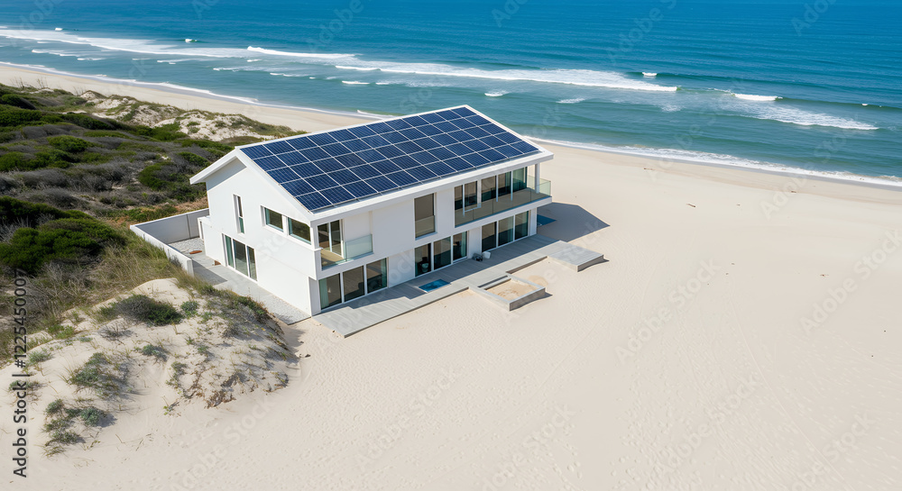 Obraz premium Modern Beachfront House with Solar Panels - Sustainable Coastal Living