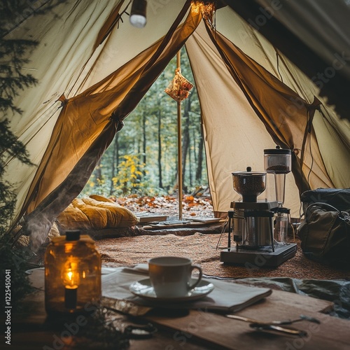 Inside of tent in camping, too many assessories and decoration for cooking, coffee and working between travel in camping trip photo