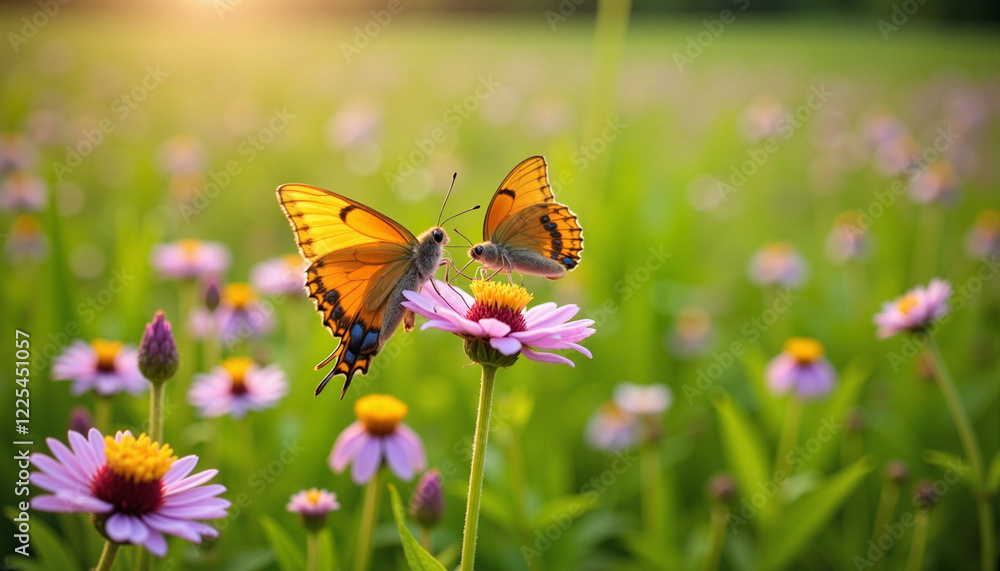 Naklejka premium Butterflies interacting on pink flowers in a sunlit meadow