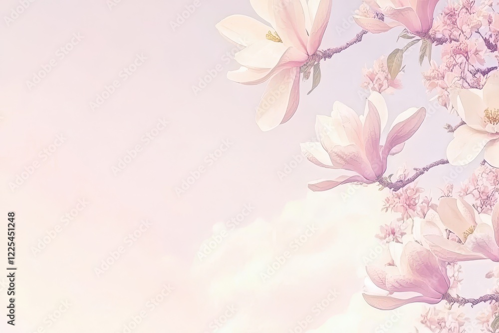 Magnolia Tree in Bloom A magnolia tree laden with delicate pink and white blossoms against a soft pastel sky Magnolia Tree in Bloom A magnolia tree laden with delicate pink and white blossoms against a soft pastel sky