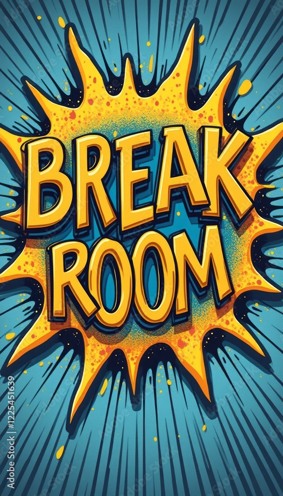 Fototapeta premium A vibrant and eye-catching graphic features the words BREAK ROOM in bold, playful lettering, surrounded by explosive bursts of color. This lively design captures the essence of a fun and inviting