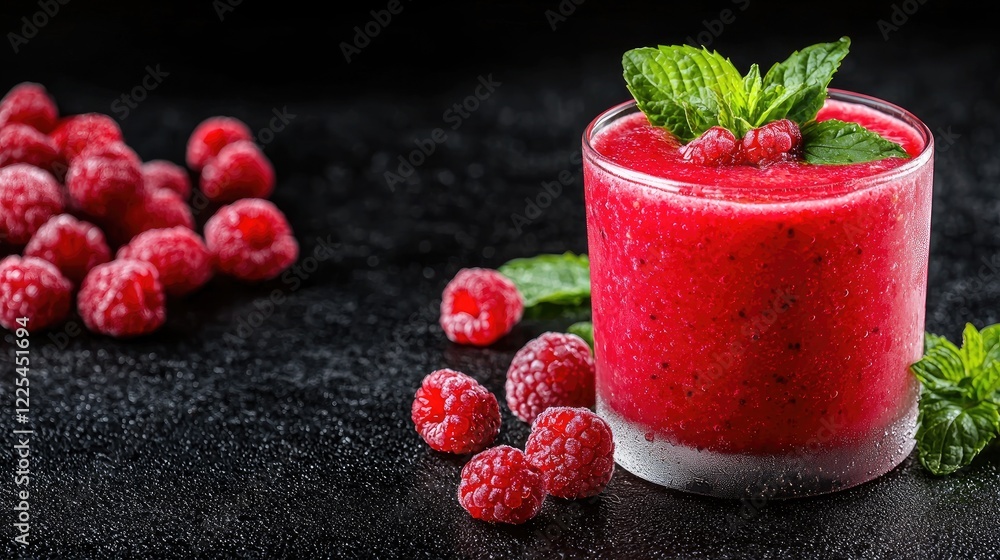 Refreshing raspberry smoothie with mint, dark background, healthy eating Refreshing raspberry smoothie with mint, dark background, healthy eating