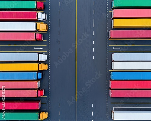 Drone view of a large logistics park with warehouses, trucks, and interconnected transport routes photo