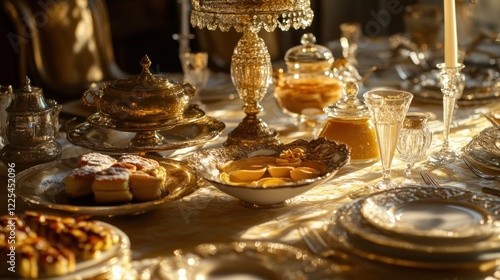 Elegant Golden Table Setting With Desserts And Beverages photo