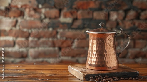 Copper cezve on wooden surface with blurred brick wall backdrop for showcasing coffee goods. photo