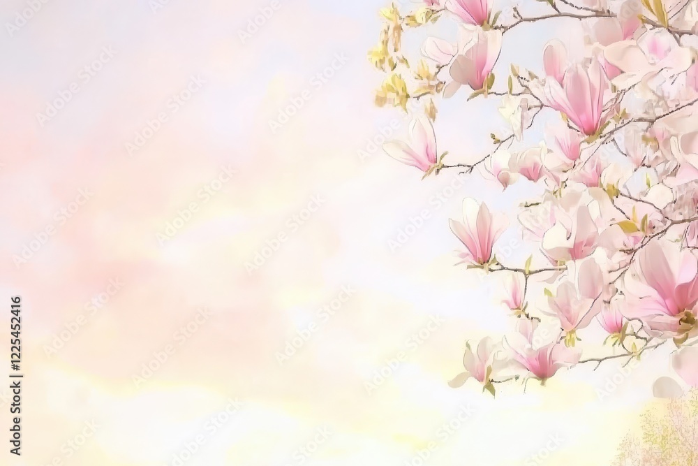 Magnolia Tree in Bloom A magnolia tree laden with delicate pink and white blossoms against a soft pastel sky Magnolia Tree in Bloom A magnolia tree laden with delicate pink and white blossoms against a soft pastel sky