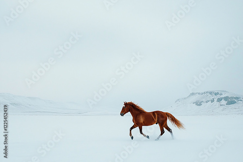 Majestic brown horse galloping across a snowy landscape under a pale sky, evoking tranquility and freedom