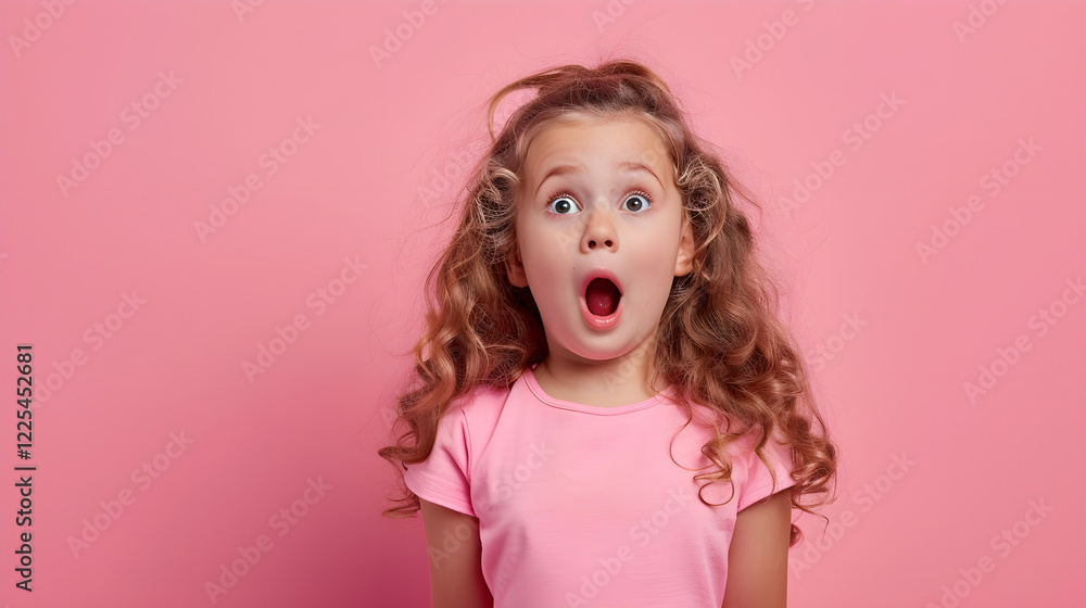 Portrait of a surprised shocked little girl 5-6 years old, with long curly hair, who opened her mouth wide in surprise and delight. Excited child on pink isolated background Portrait of a surprised shocked little girl 5-6 years old, with long curly hair, who opened her mouth wide in surprise and delight. Excited child on pink isolated background