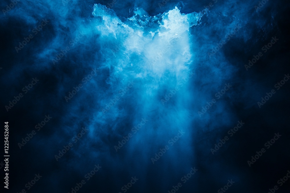 Ethereal blue light beams piercing through dark clouds, creating a mystical atmosphere above Ethereal blue light beams piercing through dark clouds, creating a mystical atmosphere above