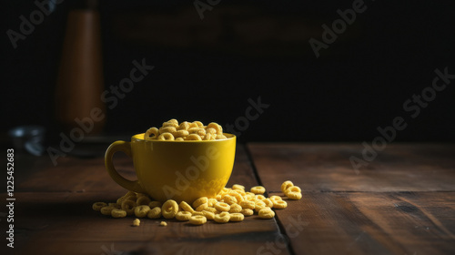 show a yellow cup of cheerios on a wooden table photo