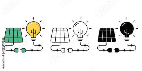 Solar panel and light bulb icons set. solar energy flat simple for infographics design. Sustainability, renewable energy and innovation. Eco-efficient technology, vector illustration.