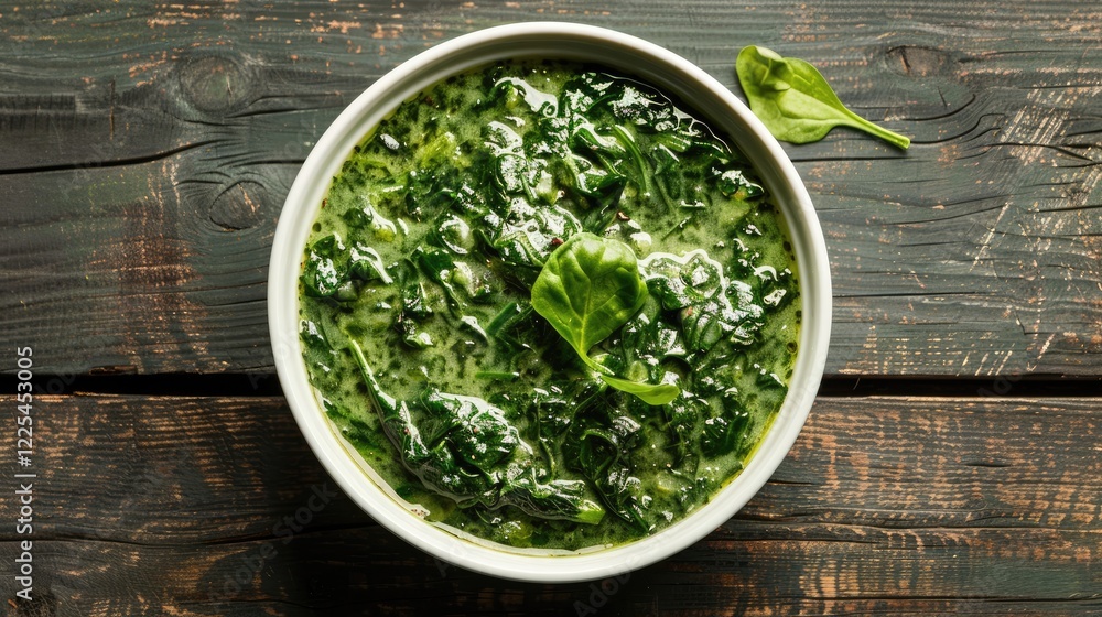 Creamy spinach dish served in white bowl on wooden backdrop Creamy spinach dish served in white bowl on wooden backdrop