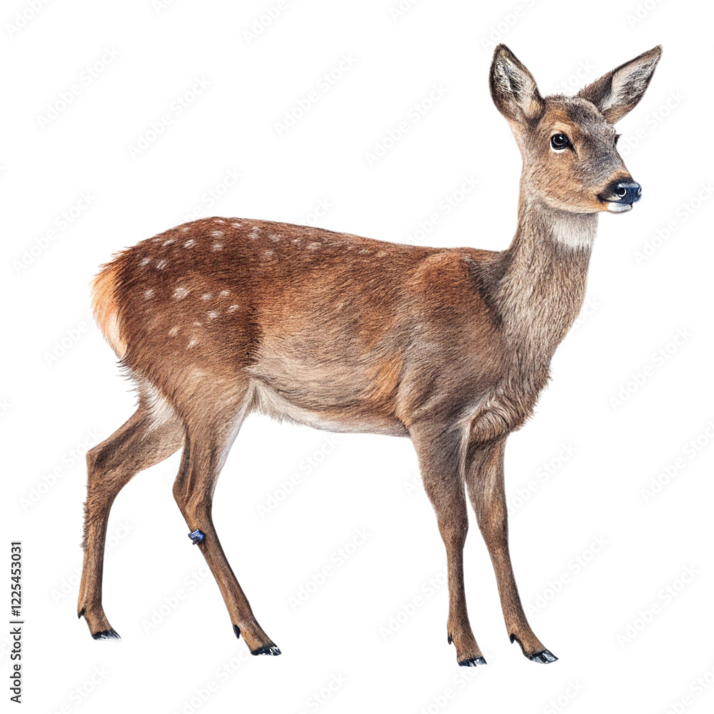 Detailed Colored Pencil Drawing of a Female Sika Deer Standing Profile White Background Wildlife Art Print Nature Illustration Detailed Colored Pencil Drawing of a Female Sika Deer Standing Profile White Background Wildlife Art Print Nature Illustration