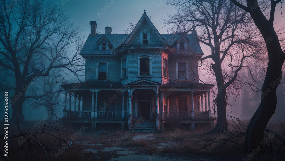 Fog rolling over abandoned haunted house at dusk Fog rolling over abandoned haunted house at dusk