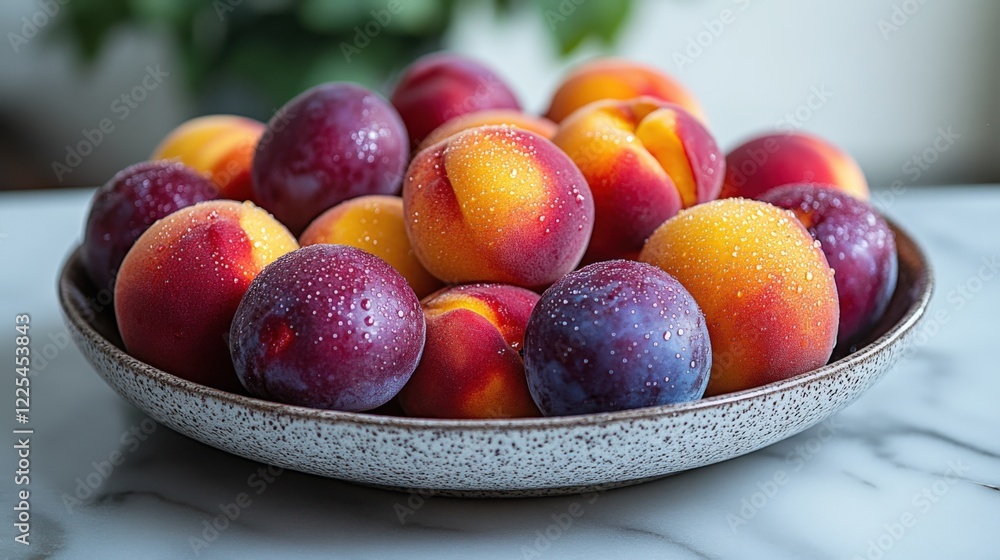 Fresh Plums and Nectarines in Decorative Bowl Fresh Plums and Nectarines in Decorative Bowl