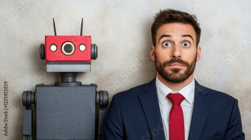 Wallpaper Mural Businessman in suit sits beside a quirky toy robot, showcasing the contrast between human emotion and robotic design in a modern office setting Torontodigital.ca
