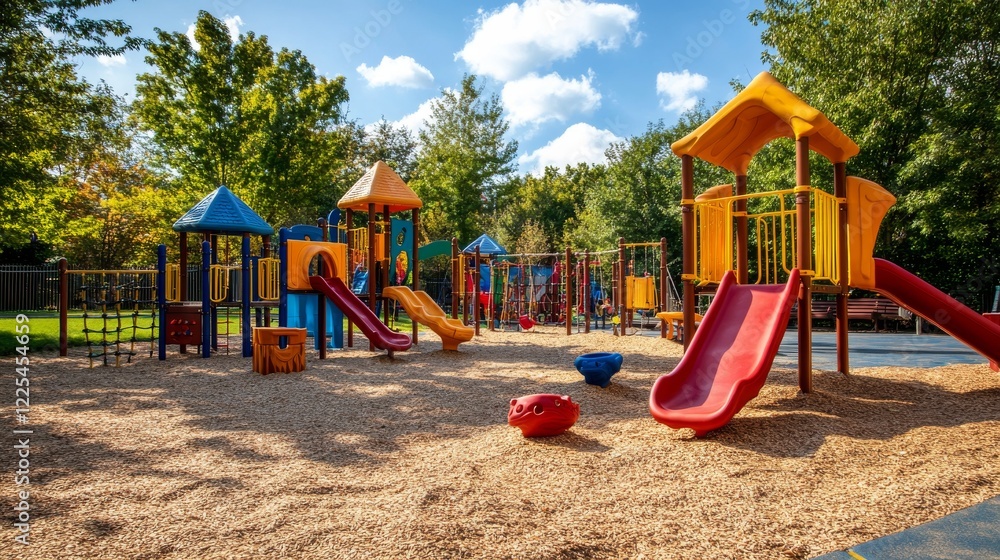 Kids playground in house or school backyard. Summer park or kindergarten yard landscape with sandbox, toys, airplane on springs and bicycle, vector cartoon illustration Kids playground in house or school backyard. Summer park or kindergarten yard landscape with sandbox, toys, airplane on springs and bicycle, vector cartoon illustration