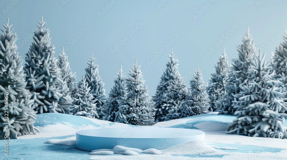 Frozen podium with pine trees backdrop for product mockup display. Marketing theme idea. Frozen podium with pine trees backdrop for product mockup display. Marketing theme idea.