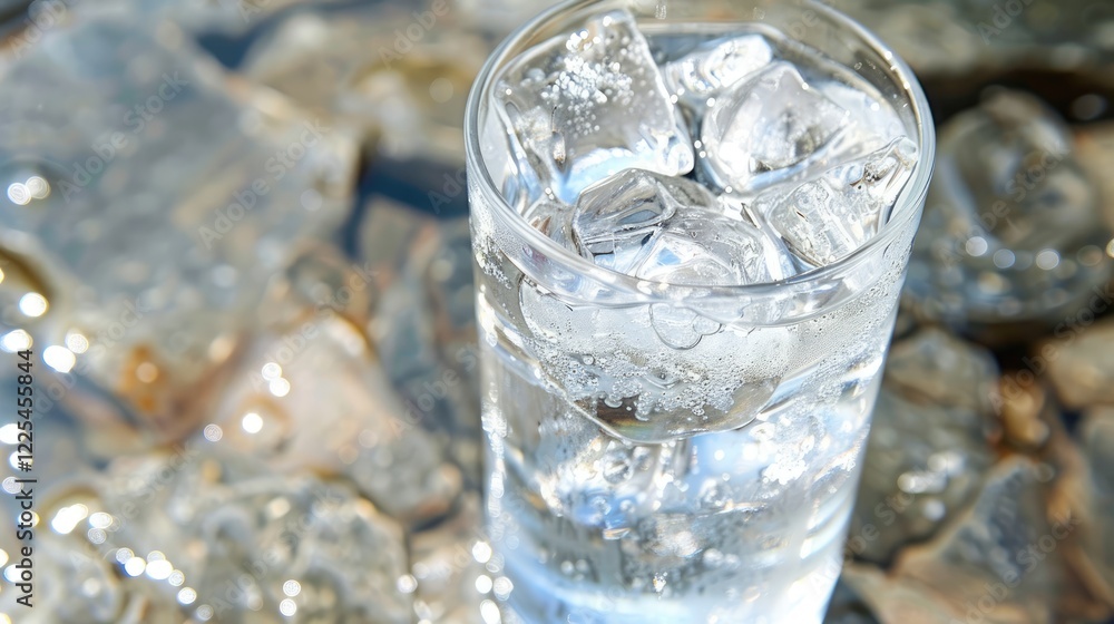 Glass of pure water with ice cubes on a hot summer day. Glass of pure water with ice cubes on a hot summer day.