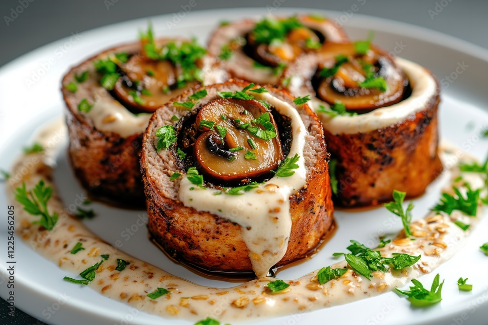 Close-up of delicious meat roll with oats in creamy mushroom sauce for gourmet dining. Close-up of delicious meat roll with oats in creamy mushroom sauce for gourmet dining.