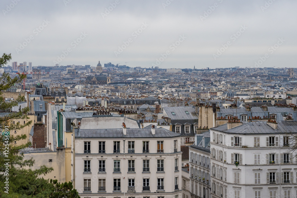 Fototapeta premium View of Paris rooftops under a cloudy sky in late afternoon light