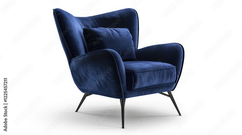 Isolated navy blue velvet armchair with metal legs on white background. Furniture set Isolated navy blue velvet armchair with metal legs on white background. Furniture set