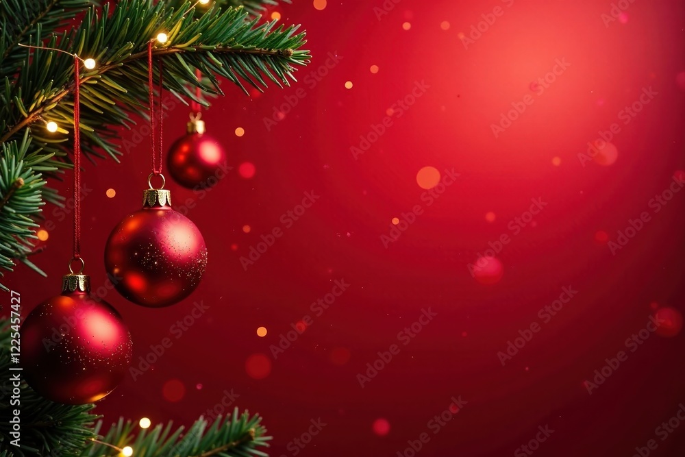 Warm red background with pine branch wreath and twinkling Christmas ornaments hang from wooden beams, twinkle, seasonal, red Warm red background with pine branch wreath and twinkling Christmas ornaments hang from wooden beams, twinkle, seasonal, red