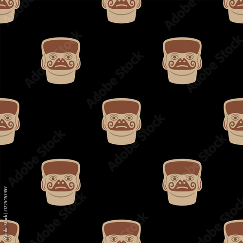 Seamless ethnic pattern with stylized human heads. Native American design of Moche Indians of ancient Peru. On black background.