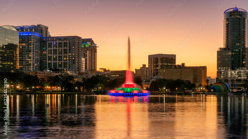 Colorful fountain in Orlando city at sunset in Lake Eola Park, Orlando, Florida, USA