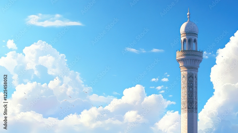 Minaret Tower Against A Bright Blue Sky With Clouds Minaret Tower Against A Bright Blue Sky With Clouds