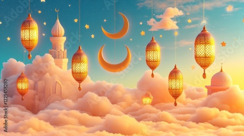 Mosque lanterns and moons above clouds at sunset