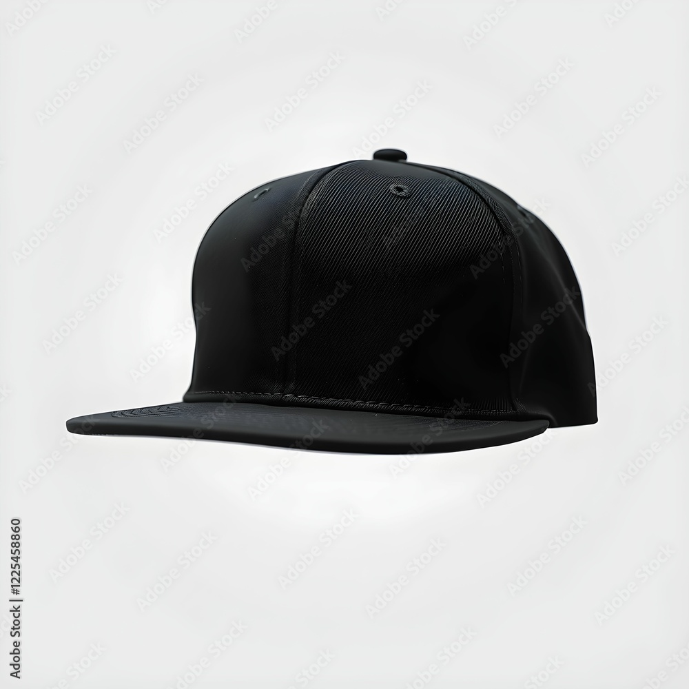 black baseball cap, realistic, studio lighting, high contrast, minimalist, textured fabric, curved brim, adjustable strap