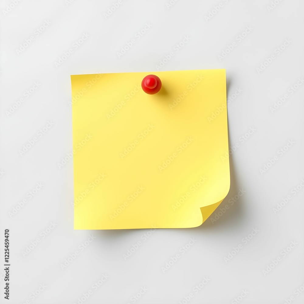Yellow sticky note, red pushpin, textured grey background, minimalist composition, subtle shadow, office supplies, reminder, blank memo, square shape, vibrant color contrast Yellow sticky note, red pushpin, textured grey background, minimalist composition, subtle shadow, office supplies, reminder, blank memo, square shape, vibrant color contrast