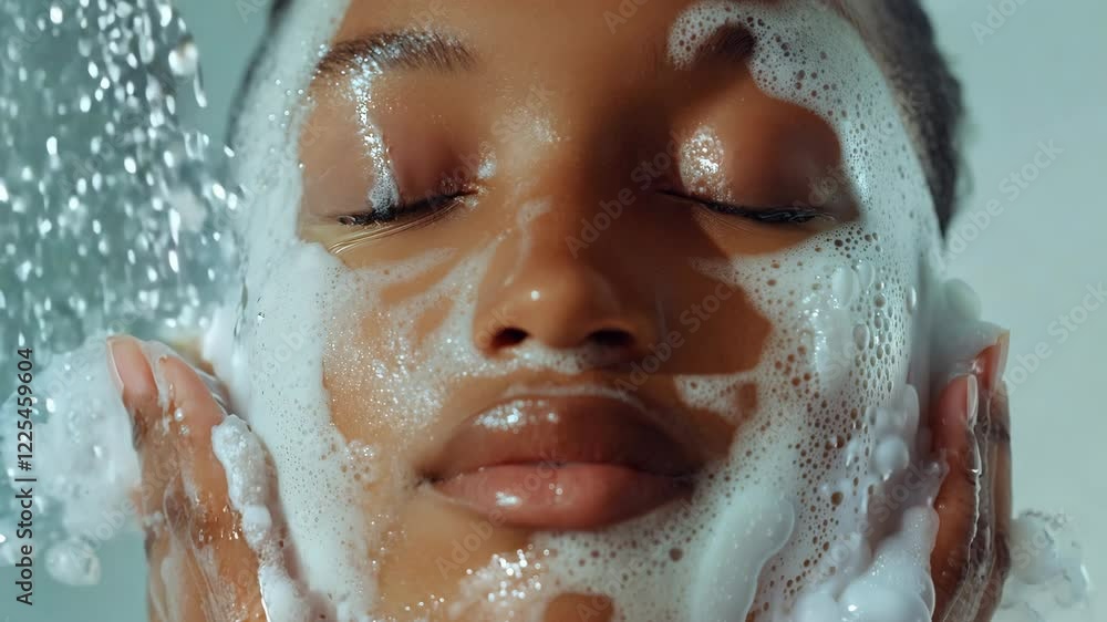 Close-up of a serene woman cleansing her face with foamy soap under soft lighting Close-up of a serene woman cleansing her face with foamy soap under soft lighting