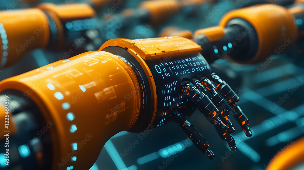 Fototapeta premium Orange robotic arms collaborate on digital grid