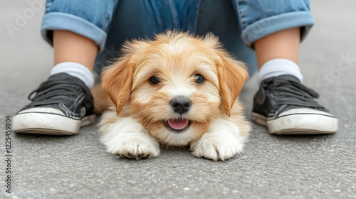 Cute small puppy lying on ground beside person sitting with denim jeans and sneakers