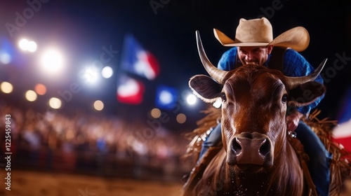 Exciting rodeo scene celebrating texas heritage with bull rider under night lights. photo