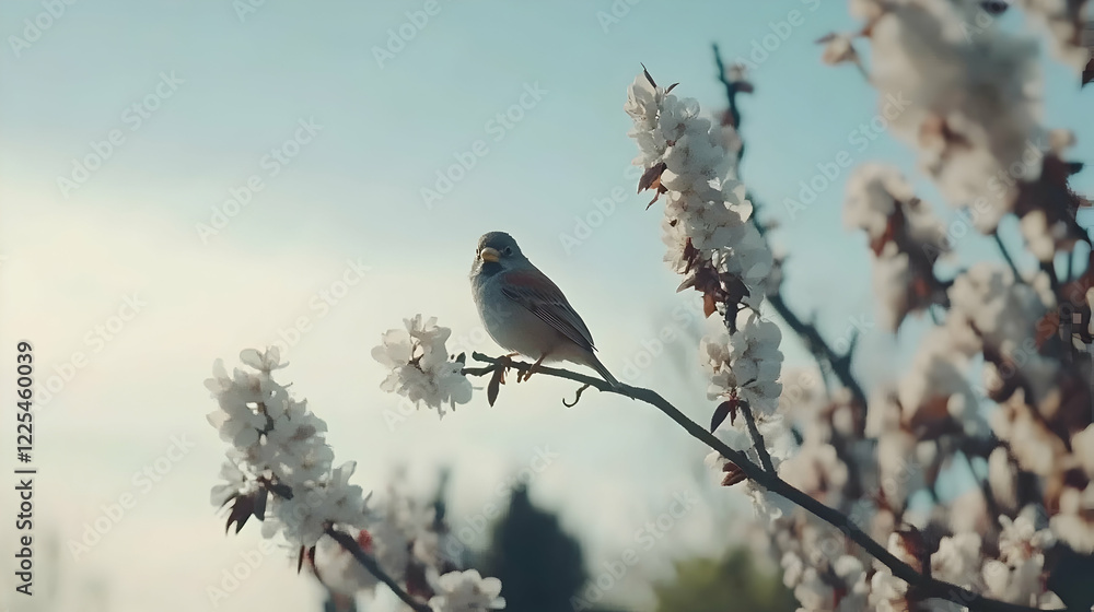 Beautiful Bird Perched on Blooming Branch with White Flowers Against Soft Blue Sky Beautiful Bird Perched on Blooming Branch with White Flowers Against Soft Blue Sky