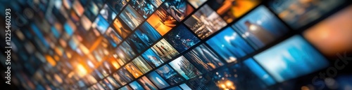 Numerous colorful panels showcase various media content in a contemporary setting, highlighting the dynamic nature of digital streaming experiences during a lively viewing session