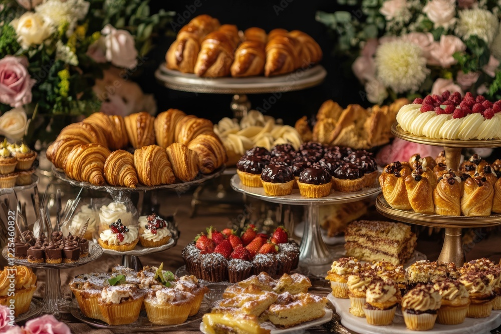 A table of French pastries, including croissants, pain au chocolat, and tarts A table of French pastries, including croissants, pain au chocolat, and tarts