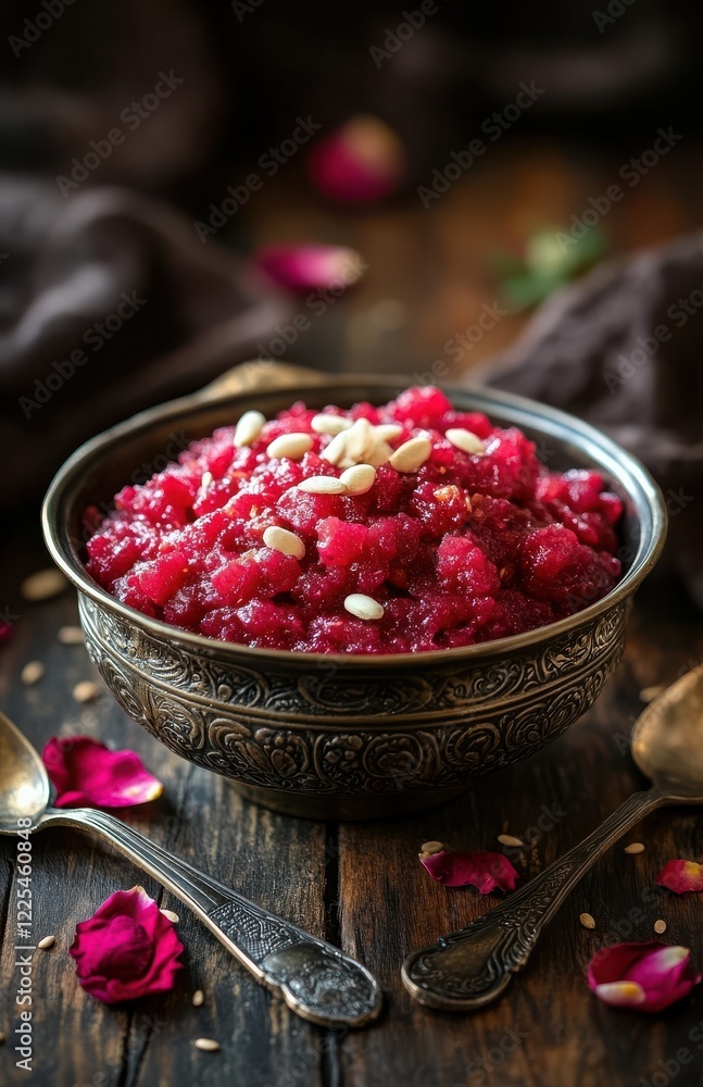Vibrant Rose and Pine Nut Dessert in Ornate Bowl on Wooden Surface Vibrant Rose and Pine Nut Dessert in Ornate Bowl on Wooden Surface